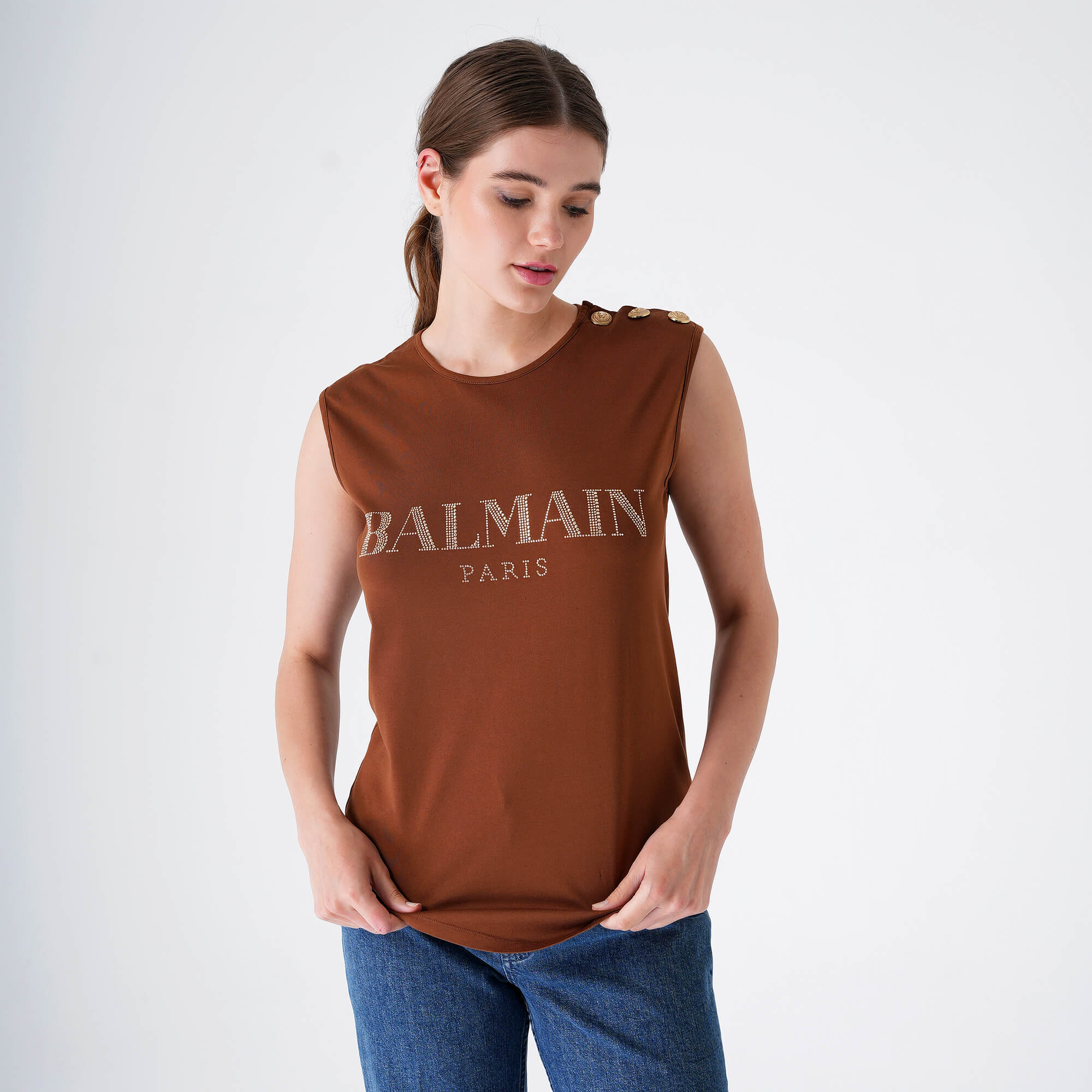 Balmain - Brown&Gold Stone Logo Sleevless Tshirt